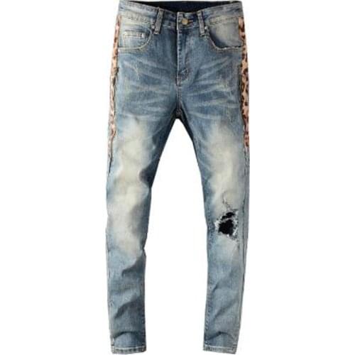 New Mens male fashion casual leopard print patchwork holes ripped jeans Streetwear slim skinny stretch denim pants trousers 633