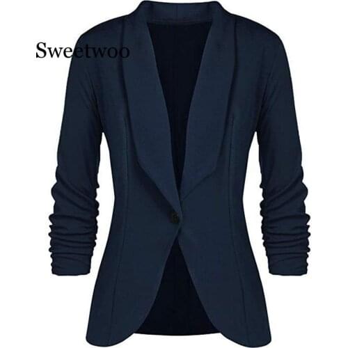 Office Lady Blazers Coat Solid Long Sleeves Cardigan Button Casual Suit Navy Blue Draped Slim Cotton Women Blazer Jacket