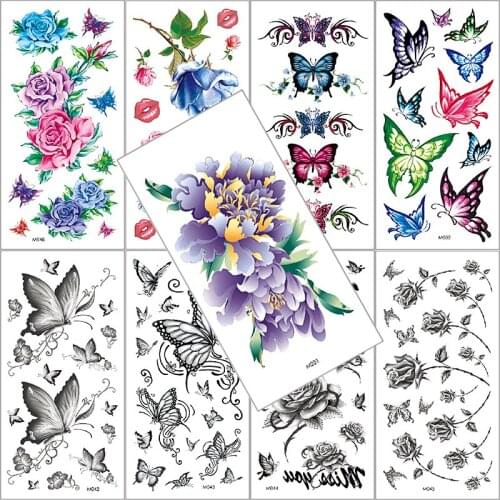 Fake Tattoo Sticker Flower Rose Waterproof Temporary Butterfly Black Tatoo Watercolor Body Art Arm For Women Girl Tattoos Paper