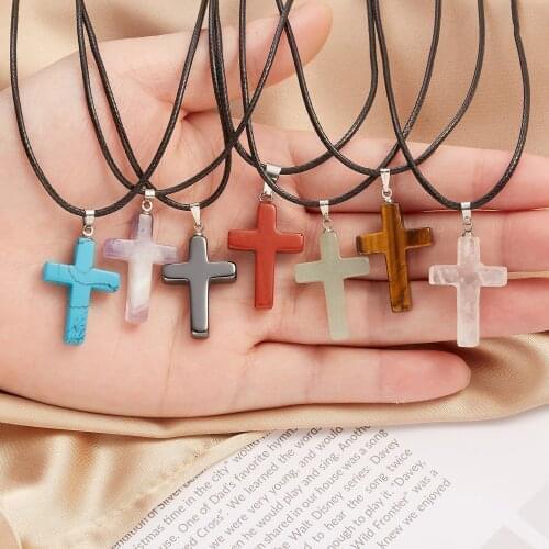 Boho Natural Stone Pendant Texture Heart Water Drop Cross Necklace For Women Rope Chain Ethnic Choker Jewelry Gifts