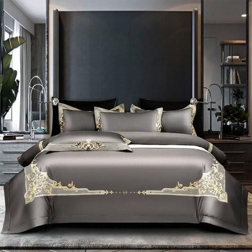 Premium High End Grey 1000TC Egyptian Cotton Soft Bedding set Chic Embroidery Queen King 4/6Pcs Duvet Cover Bed Sheet Pillowcase