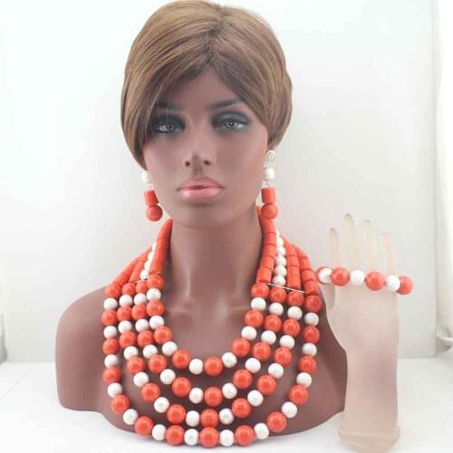 Luxury Long nigerian Wedding african Coral Beads Jewelry Set Brides Bib Beaded Statement Necklace Set W13596