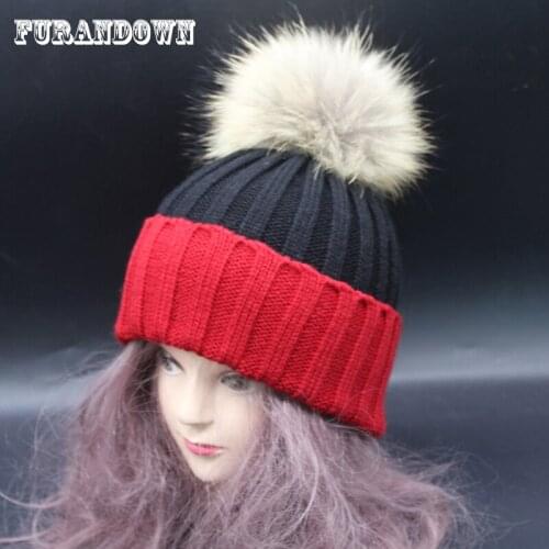 Fur Pom poms Beanies Winter Raccoon Fur Hats For Women Patchwork Knitting Female Girl Cap Luxury Brand Hat