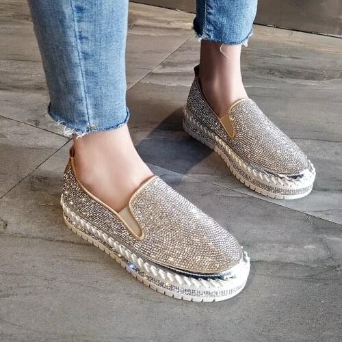 Loafers Shoes Woman Flat Platform Round Toe Shoes 2019 Spring Summer Fashion Crystal Rhinestone Slip On Women Shoes YC-13