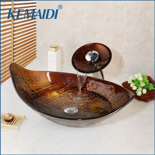 KEMAIDI Bathroom Leaf Art Washbasin With Waterfall Faucet Tempered Glass Sink Set Retro Style Glass Bowl Bathroom Sink