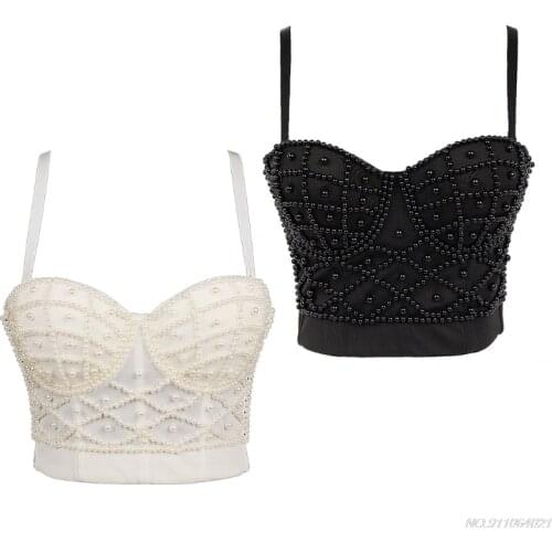 Women Sexy Spaghetti Strap Bustier Bra Imitation Pearl Beaded Push Up Camisole Vest Club Party V-Neck Corset Crop Top wholesales