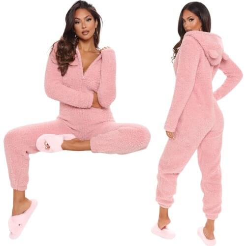Winter Animal Ear Onesie Warm Nightgown Women Pajamas Funny Flannel Soft Overall Onepiece Night Home Overalls Outfit Jumpsuit