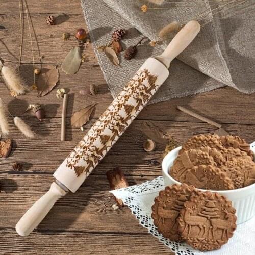 35*5cm Christmas Embossing Rolling Pin Baking Cookies Noodle Biscuit Fondant Cake Dough Engraved Roller Reindeer Snowflake Home