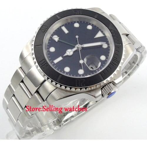 40mm parnis black dial ceramic bezel GMT date window automatic mens watch