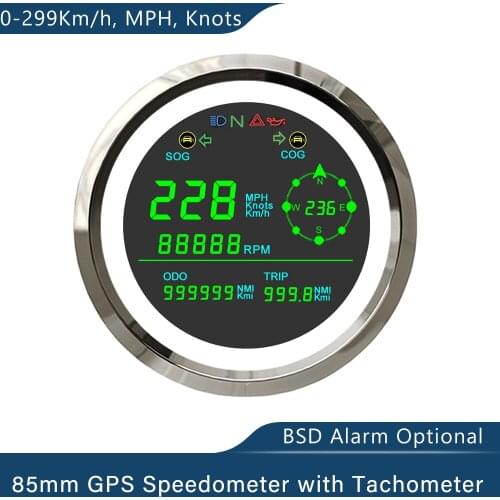 85mm Digital 0-299km/h MPH Knots GPS Speedometer with 0-19999RPM Tachometer Trip Odometer COG for Car Truck Motorbike with Alarm
