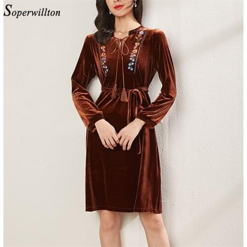 Velet Vintage Dresses for Women Black Coffee embroidery Short Female Dress Plus Size Autumn Casual Dress pleuche Loose vestidos