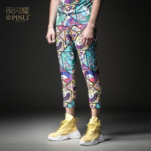 Free Shipping mens male man casual Night shines 2019 printed cropped trousers pants BY183115007