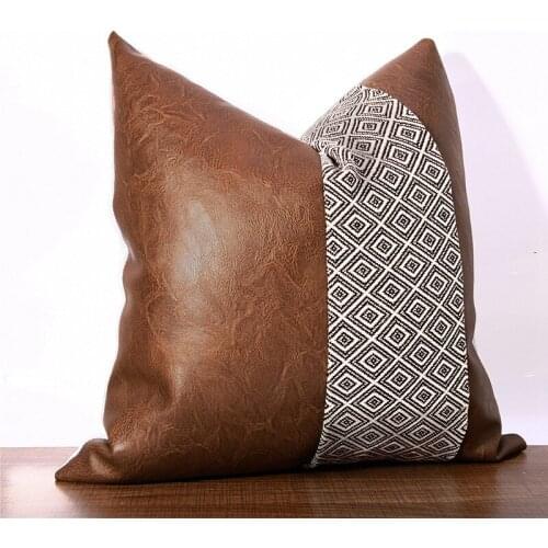 Home Decorations Cushion Cover 45x45CM Brown Faux Leather Cotton Geometric Striped Stitching Sofa Throw Pillows Case for Bedroom
