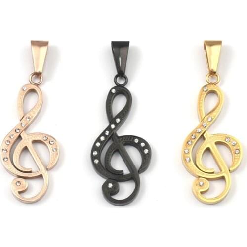 DoreenBeads Fashion 316 Stainless Steel Pendants Musical Note Rose Gold Black Clear Rhinestone Jewelry DIY 47mm x 16mm, 1 PC