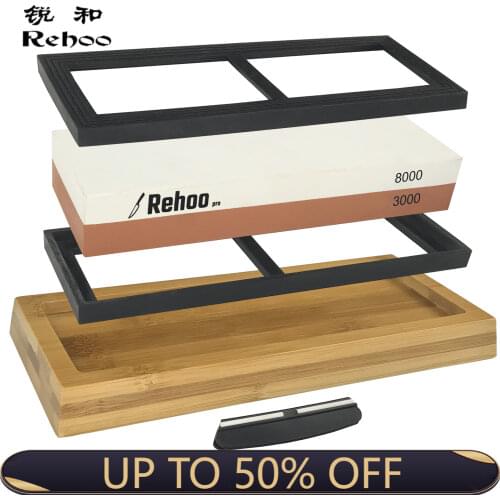 Rehoo Double-sided Sharpening Stone 3000/8000 Mesh + Non-slip Bamboo Base + Double Rubber Pad + Fixed Angle Guide Rail