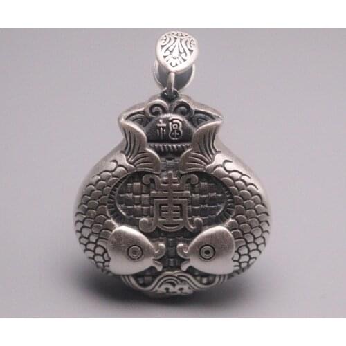 Real Silver 999 Pendant Blessing For Women Man Lucky Hollow Double Fish Lock Pendant 42*32mm