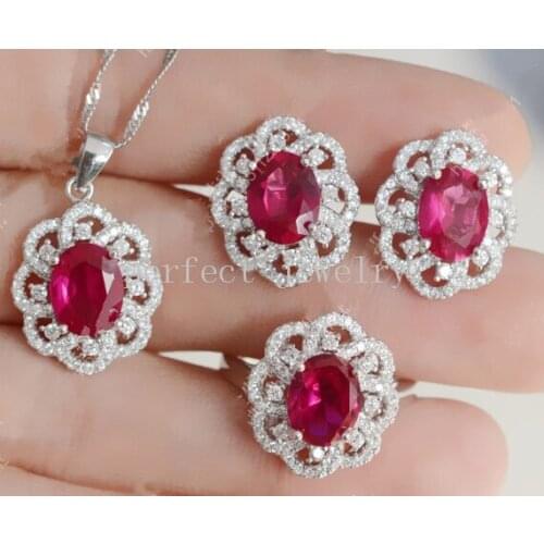 Ruby set Free shipping 1pc pendant 1pc ring 1pair stud earring 925 sterling silver 2.2ct*4pcs gemstone #B951525