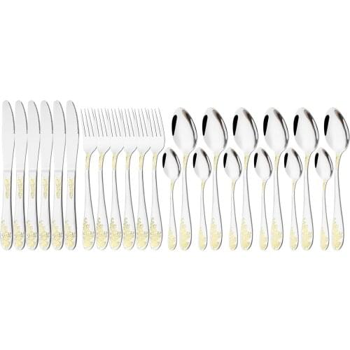 Knife Fork Spoon Dinnerware Tableware Set Mirror Stainless Steel Cutlery Set Carved Golden Pattern Kitchen Silverware Flatware