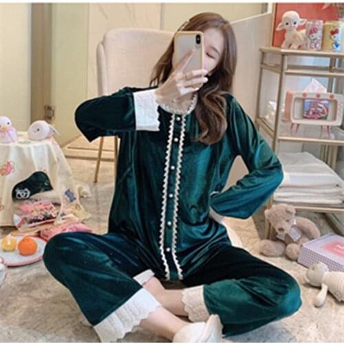 Spring and autumn new maternity wear hedging gold velvet lace collar nursing pajamas postpartum confinement