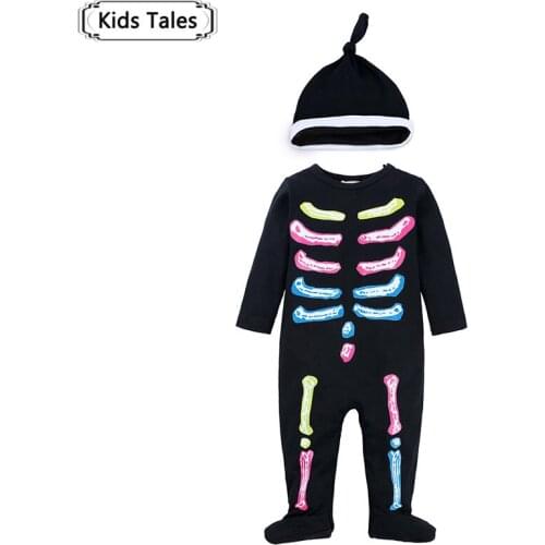 New Newborn Baby Boy Girl Halloween Rompers Long Sleeve Black Cotton Jumpsuits Skull romper+hat Novelty Outfit SR497