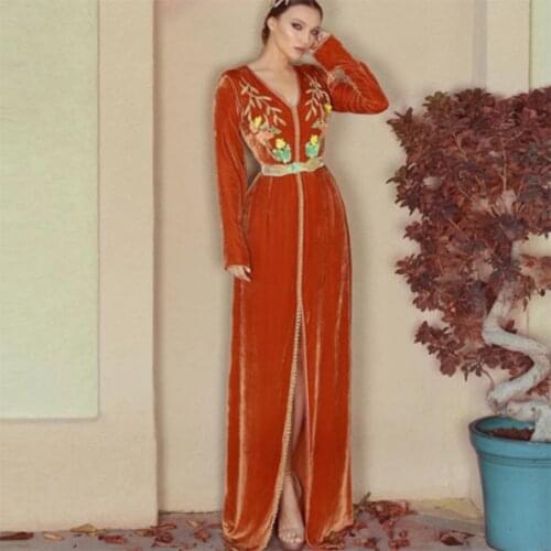 Orange Velour Moroccan Kaftan Evening Dresses Long Sleeves Lace Embroidered Arabic Muslim Special Occasion Dress Formal Gown