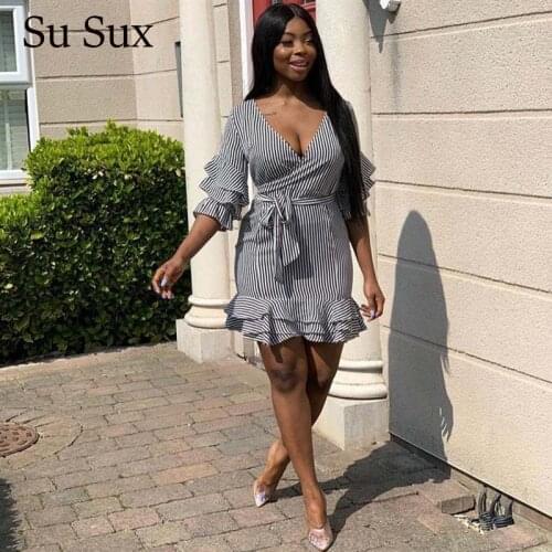 African Clothes Striped Print Ruffles Dress Women African Dresses For Women Deep V-Neck Ruffles Sleeve High Waist Pencil Dress