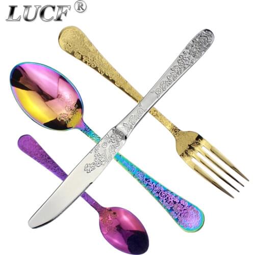 LUCF Noble Flower Texture style Stainless Steel Western Cutlery 4 in 1 set delicate Floral Pattern Dinnerware Utensils for home
