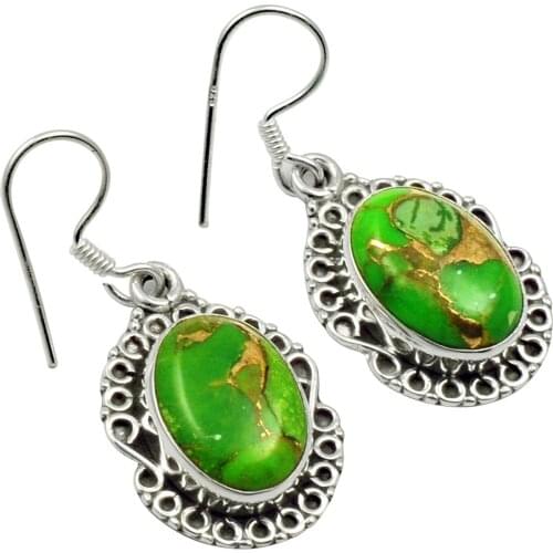 Lovegem Genuine Copper Turquoise EARRINGS 925 Sterling Silver, 35mm, AE1979