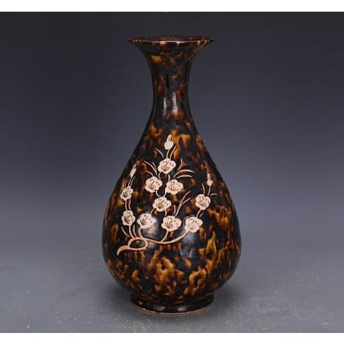 Song Jizhou Kiln Glaze Carved Plum Pattern Jade Pot Spring Bottle Ancient Porcelain Antique Antique Collection
