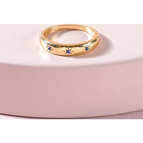 SRCOI Simple Starburst Engraving Stars Ring With Blue Rhinestone Bling Metal Geometric Finger Ring Size 7 For Engagement Jewelry