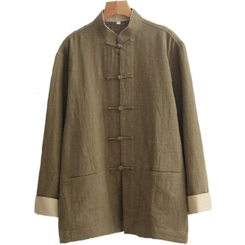 Autumn Traditional Chinese Solid Tang Suit Coat Loose Male Frock New Mens Long Sleeve Cotton Linen Kung Fu Jacket
