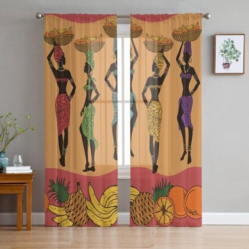 African Women Fruit Basket Ethnic Tulle Sheer Window Curtains for Living Room Kitchen Children Bedroom Voile Hanging Curtain