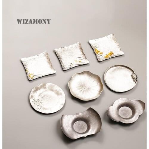 WIZAMONY 1pcs Purely Handmade Chinese Deck Tin Tea Saucers Tea Tray Heat-Insulating Tea Set Small Plate High Quality