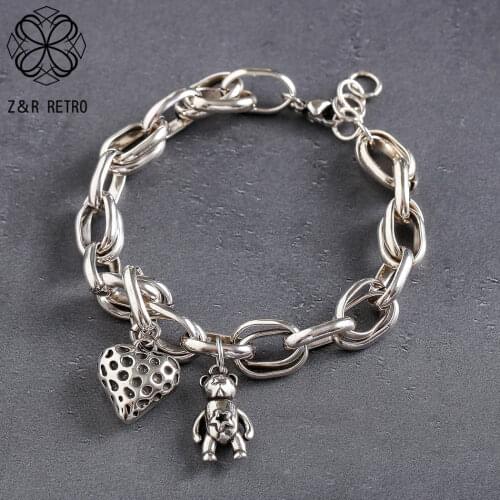 Vintage Silver Color Little Bear Bracelets&Bangles Suspension Pendants Costume Body Jewelry for Women Korean Things Accessories