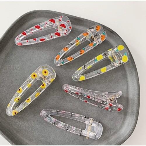 2021 Fruit Print Transparent Duckbill Clip Waterdrop Hair Clip Hairpins Children Girls Cute Cartoon Print Hair Clips accessories