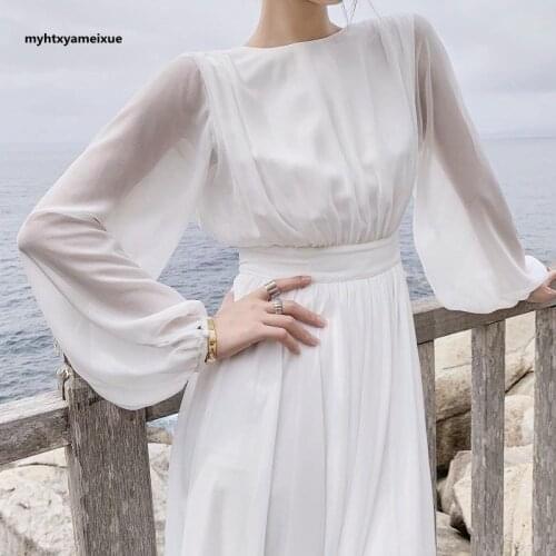 White Beach Bride Long Sleeve Puff Sleeve Chiffon Sexy Halter Wedding Dress Myhtxyameixue(cn1513229350)2020dress