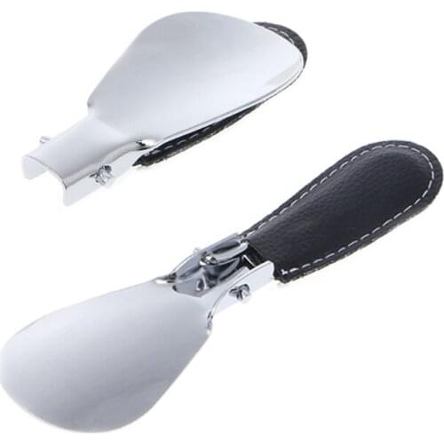 Black Folding Portable Shoehorn Metal Durable With Stainless Steel Faux Leather