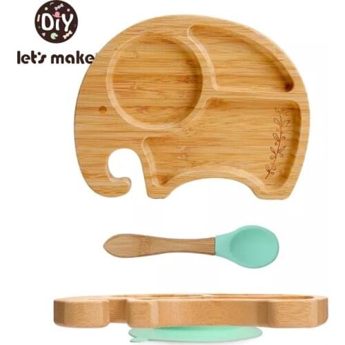Lets Make Baby Feeding Bowl Baby Dinner Plate Cartoon Elephant Bamboo Suction Plate Feeding Dinnerware Infant Tableware Set