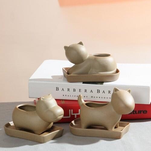 Ceramic Hippo Succulent Pot Decorative Pottery Dog Flower Holder Plant Kitty Ornament Craft Art Gardening Supplies Accessories