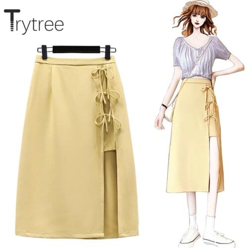 Trytree 2021 Summer Autumn Women Skirt Casual Chiffon Solid High Waist Bow Zipper Fashion Silky A-line Mid-Calf Sexy Skirts Lady