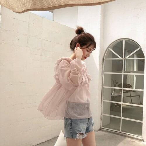 Sweet Shirt Female Ruffle Trim Bell-Sleeve Two-Piece Set Shirt