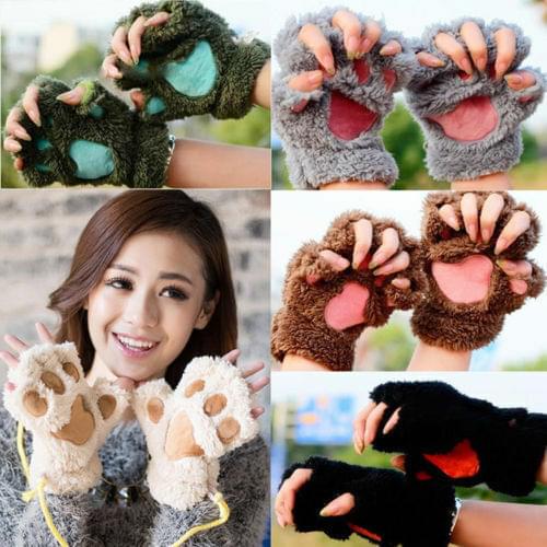2020 Girl Lovely Fluffy Bear Cat Plush Paw Claw Half Finger Gloves Winter Warmer Fingerless Gloves 6 colors Half Finger Mittens
