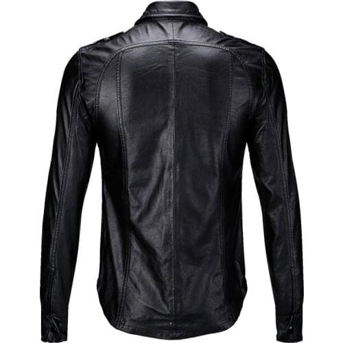 2020 New Slim Fit Men Motorcycle Biker Leather Shirts Coats Male Black Fashion Pockets PU Shirts Tops Autumn Casual Men Clothes