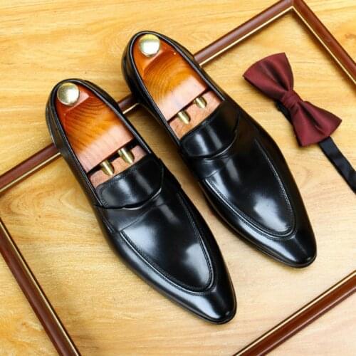 2021 Spring Men Formal Shoes Brand Italian Fashion Brown Slip On Dress Shoes Genuine Cow Leather Black Wedding Shoes Buty Meskie