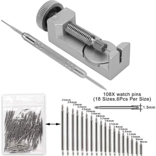 Watch Strap Repair Tool Set Metal Adjustable Watch Band Bracelet Link Pin Remover+108Pcs 8-25mm Spring Bar Pins+Screwdriver Kit