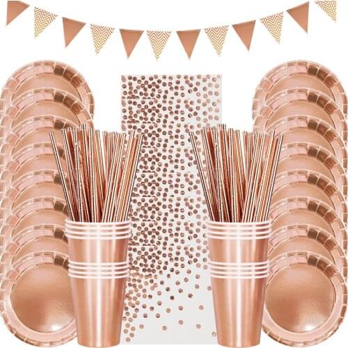 Rose Gold Party Disposable Tableware Set Paper Plate Cup Kids Adult Birthday Wedding Bachelorette Party Decoration Baby Shower
