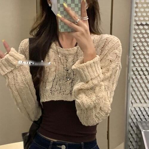 2021 New Autumn Knitted Blouse Women Casual Long Sleeve Crop Top Ladie Korean Fashion Short Sweater Female Thin Chic Pullover