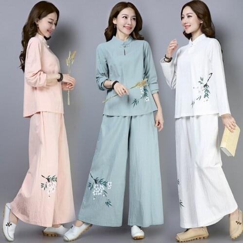 Spring autumn new national style sets womens Print Tops wide leg pants two sets retro Chinese clothes hand-painted casual sets