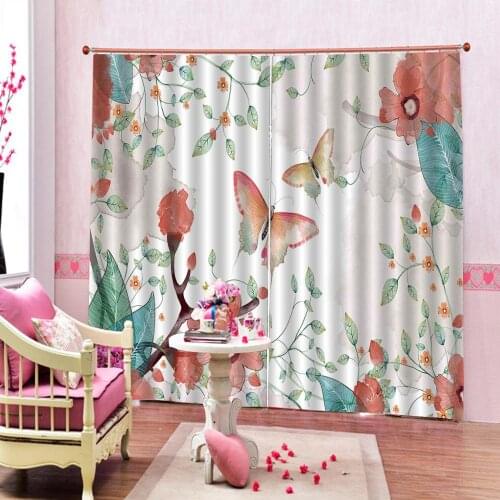 Custom Butterfly Flowers Curtain Floral Leafs For Living room Bedroom Blackout Digital Print Window Drapes Sets 2 Panels Hooks