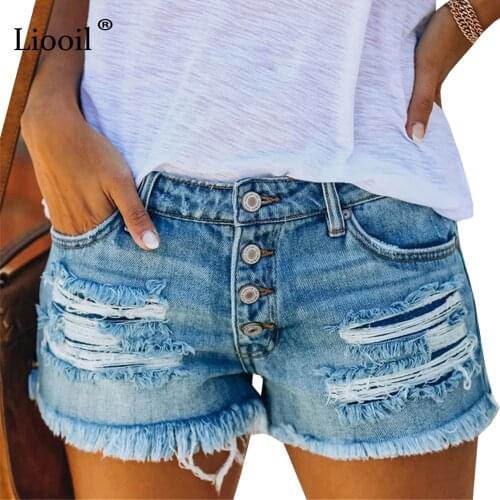 Liooil Blue Ripped Denim Shorts With Tassel Pockets Women 2021 Summer Streetwear High Waist Button Up Sexy Hole Rave Jean Shorts